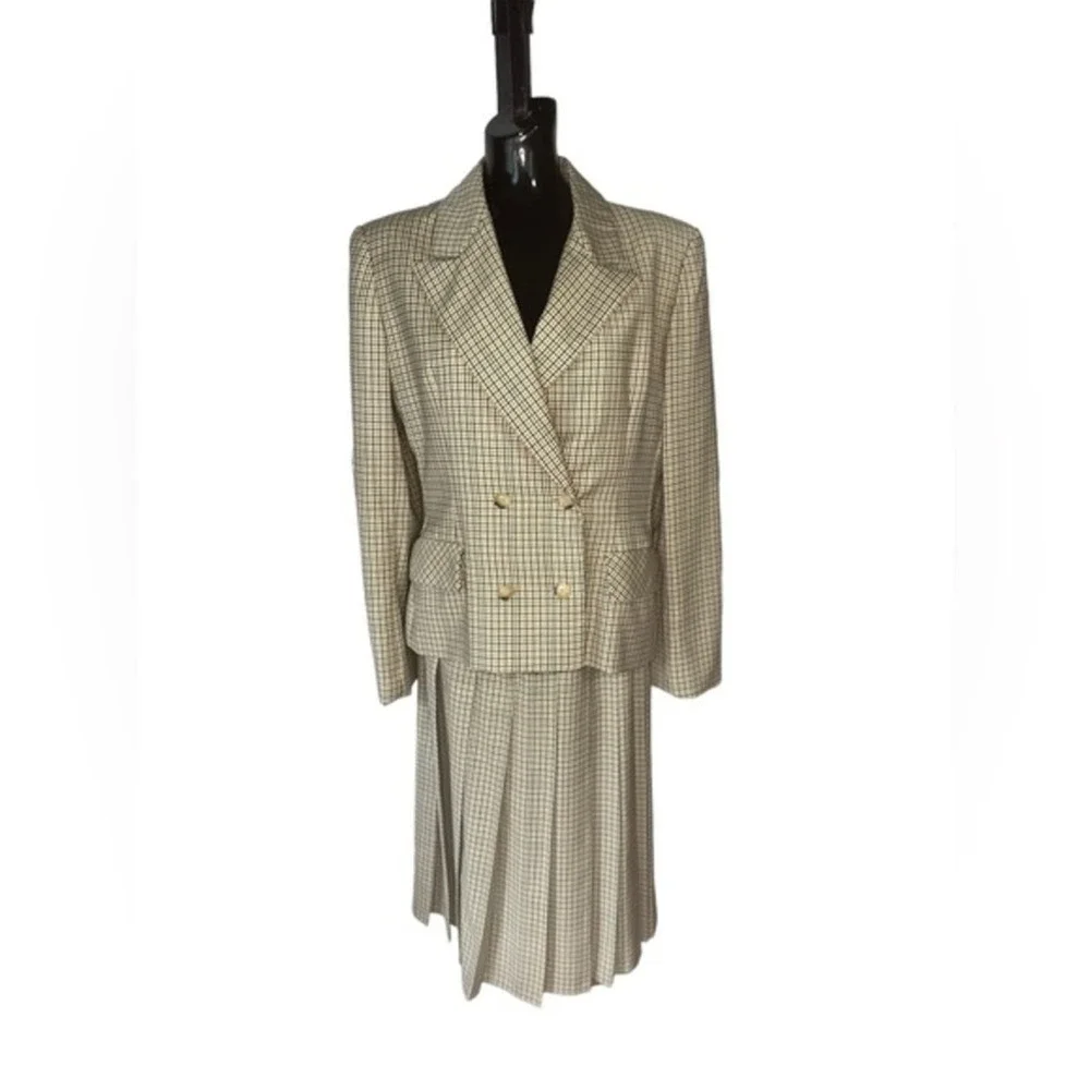 Vintage Bill Blass USA Tattersall Plaid Suit Double Breasted Box Pleat Skirt 14